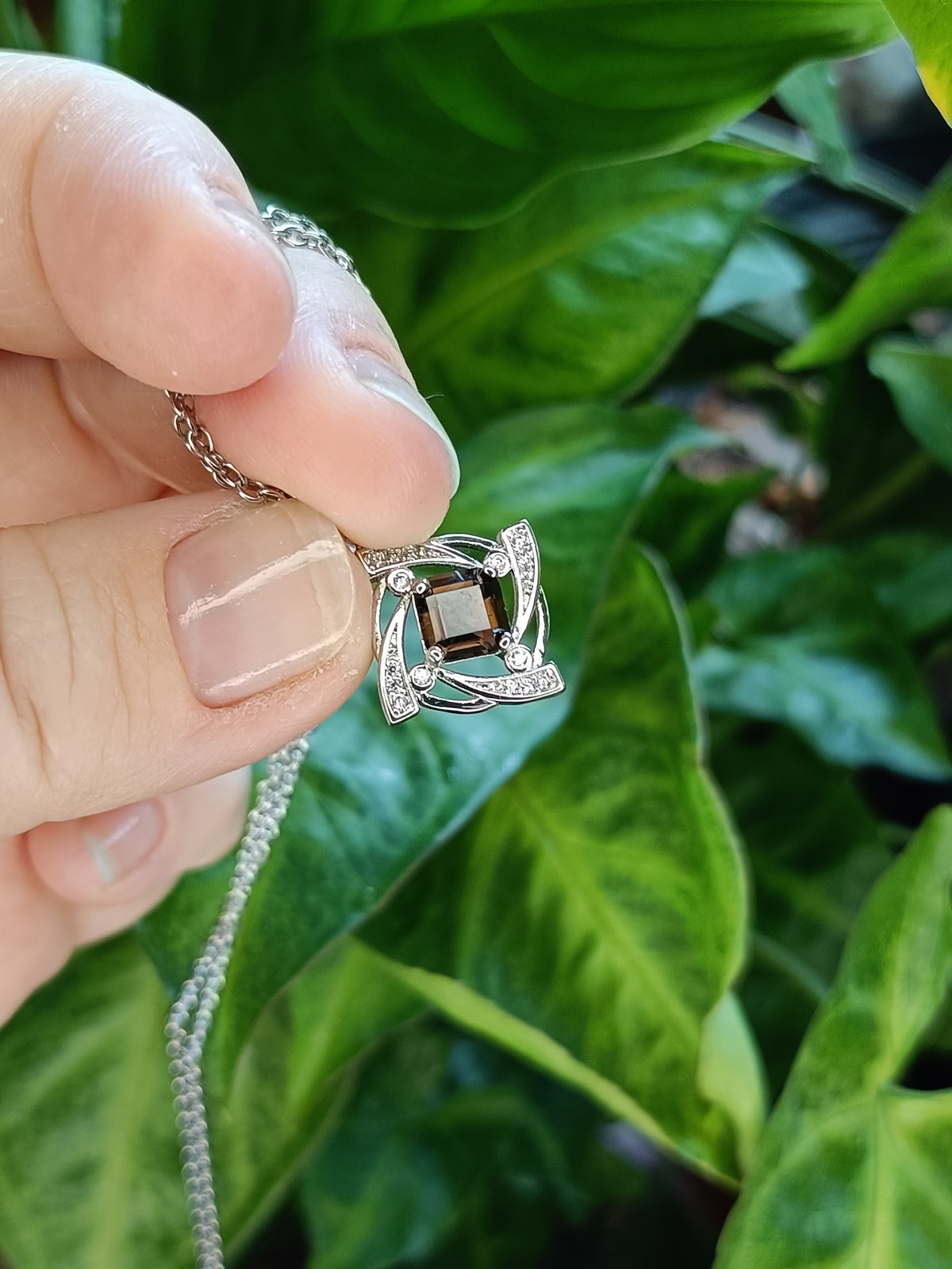 Square cut Smokey Quartz & CZ Pendant Necklace - Silver-Plated Copper