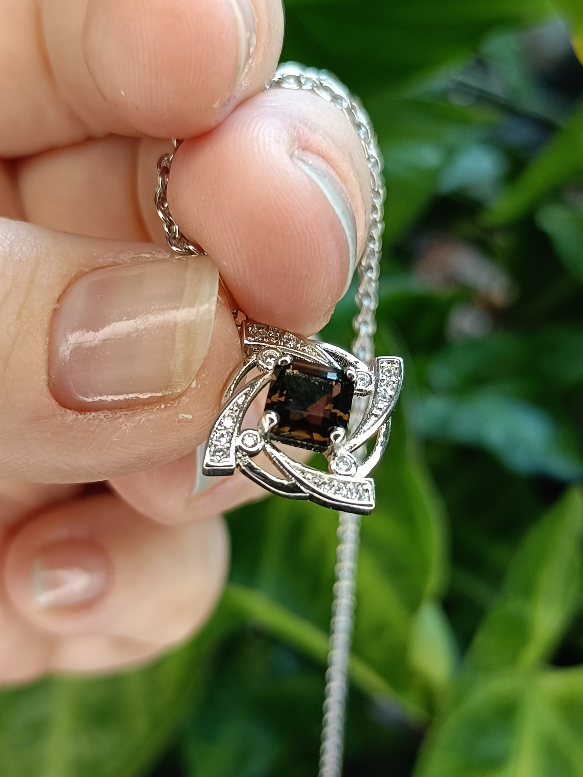 Square cut Smokey Quartz & CZ Pendant Necklace - Silver-Plated Copper
