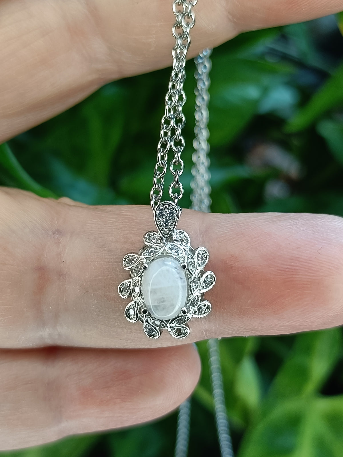 Blue Flash Moonstone & CZ Leaf Setting Pendant - Silver-Plated Copper