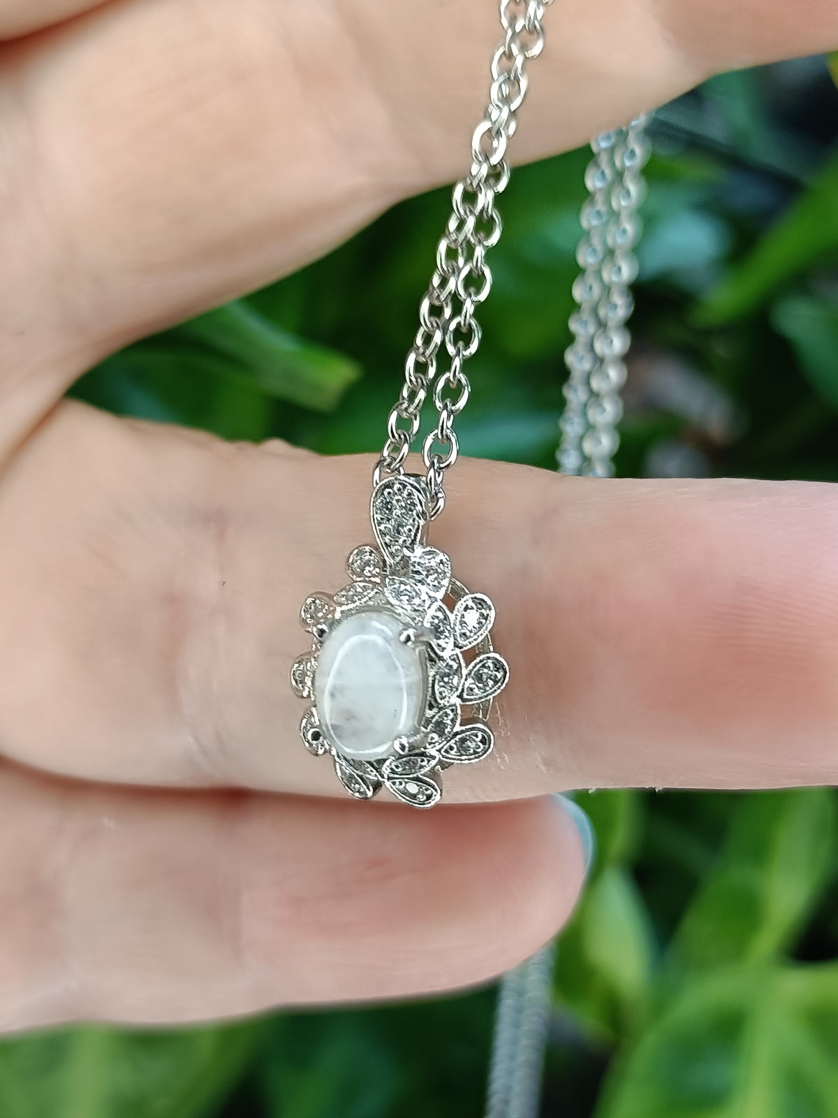 Blue Flash Moonstone & CZ Leaf Setting Pendant - Silver-Plated Copper