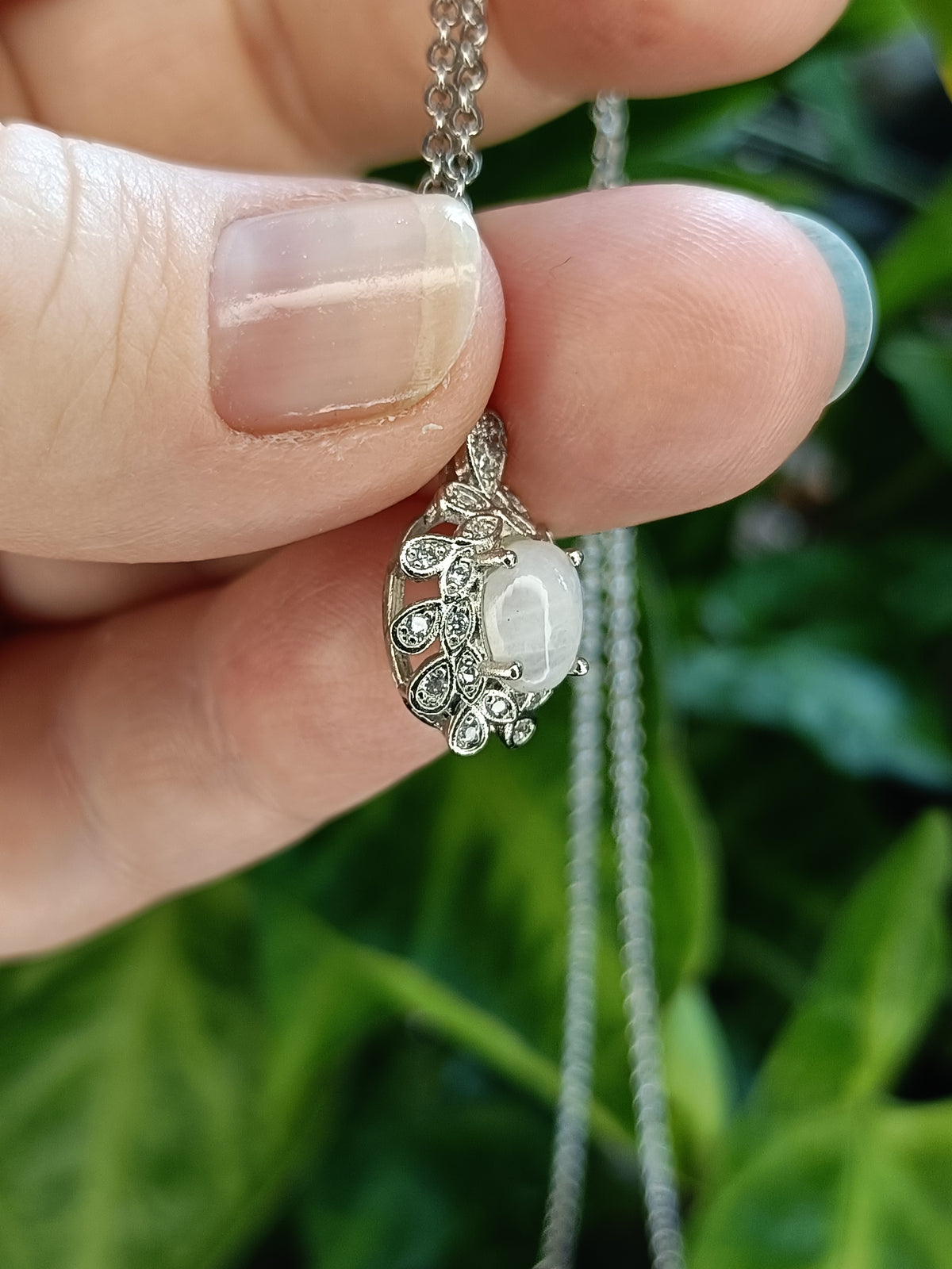 Blue Flash Moonstone & CZ Leaf Setting Pendant - Silver-Plated Copper