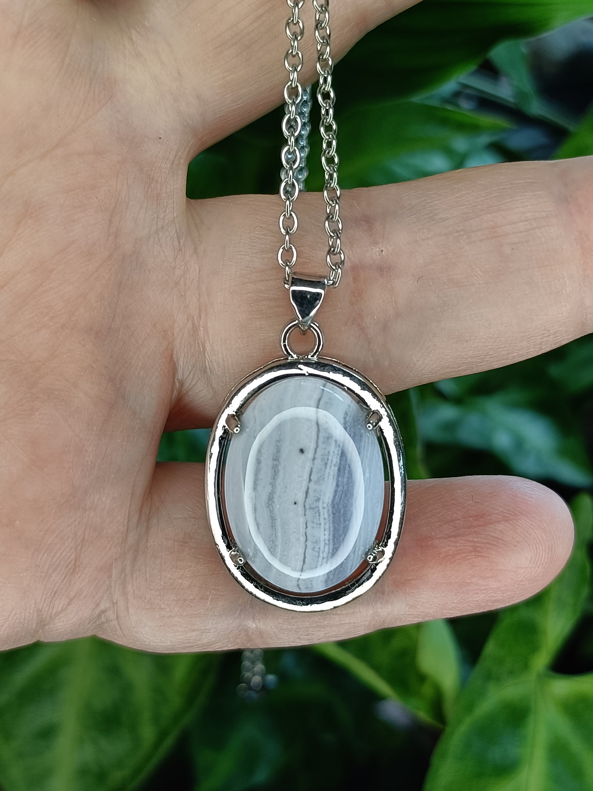 Blue Lace Agate Oval Cabochon Pendant Necklace - Silver-Plated Copper