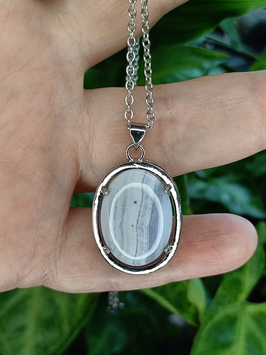 Blue Lace Agate Oval Cabochon Pendant Necklace - Silver-Plated Copper