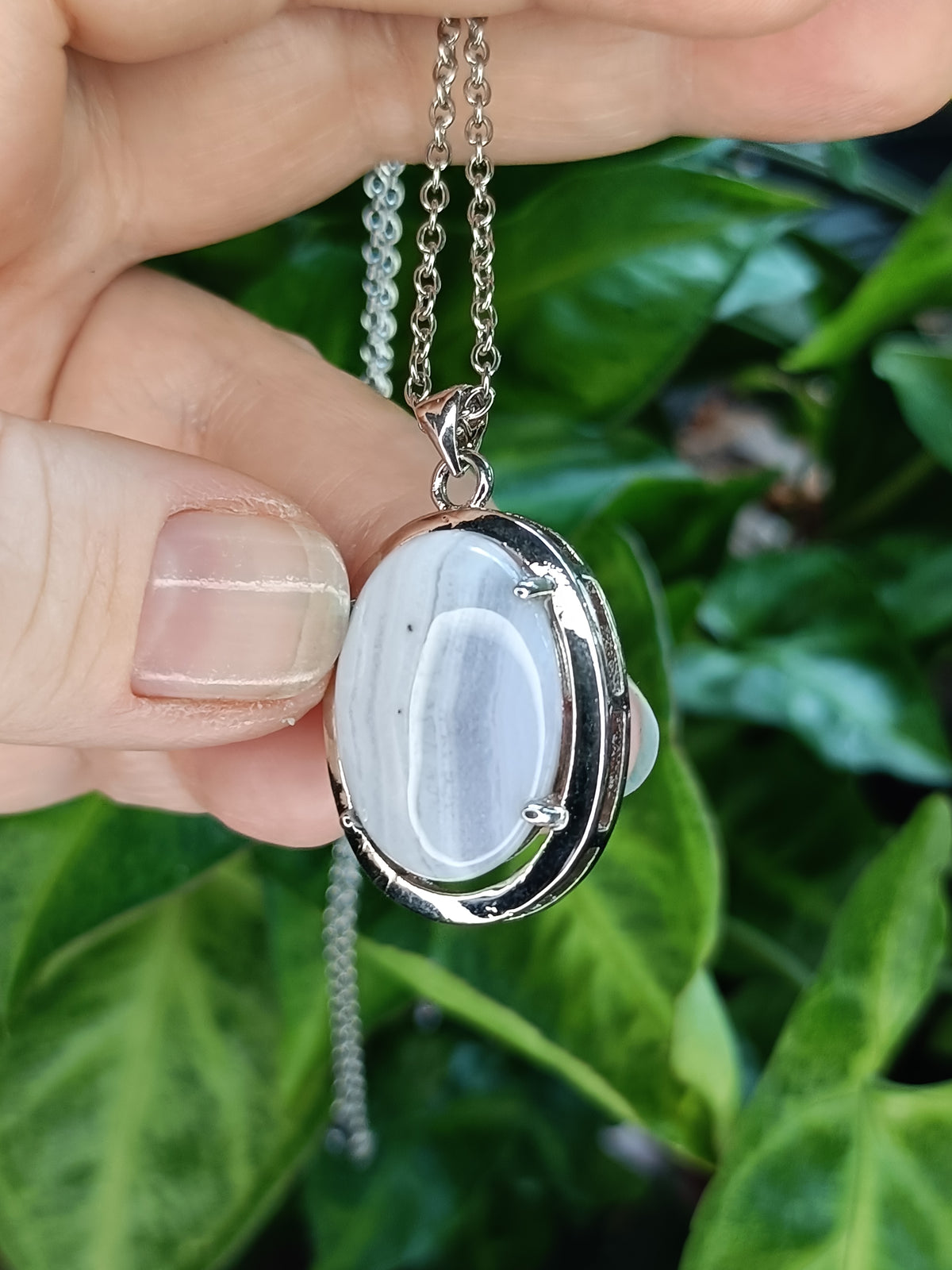 Blue Lace Agate Oval Cabochon Pendant Necklace - Silver-Plated Copper