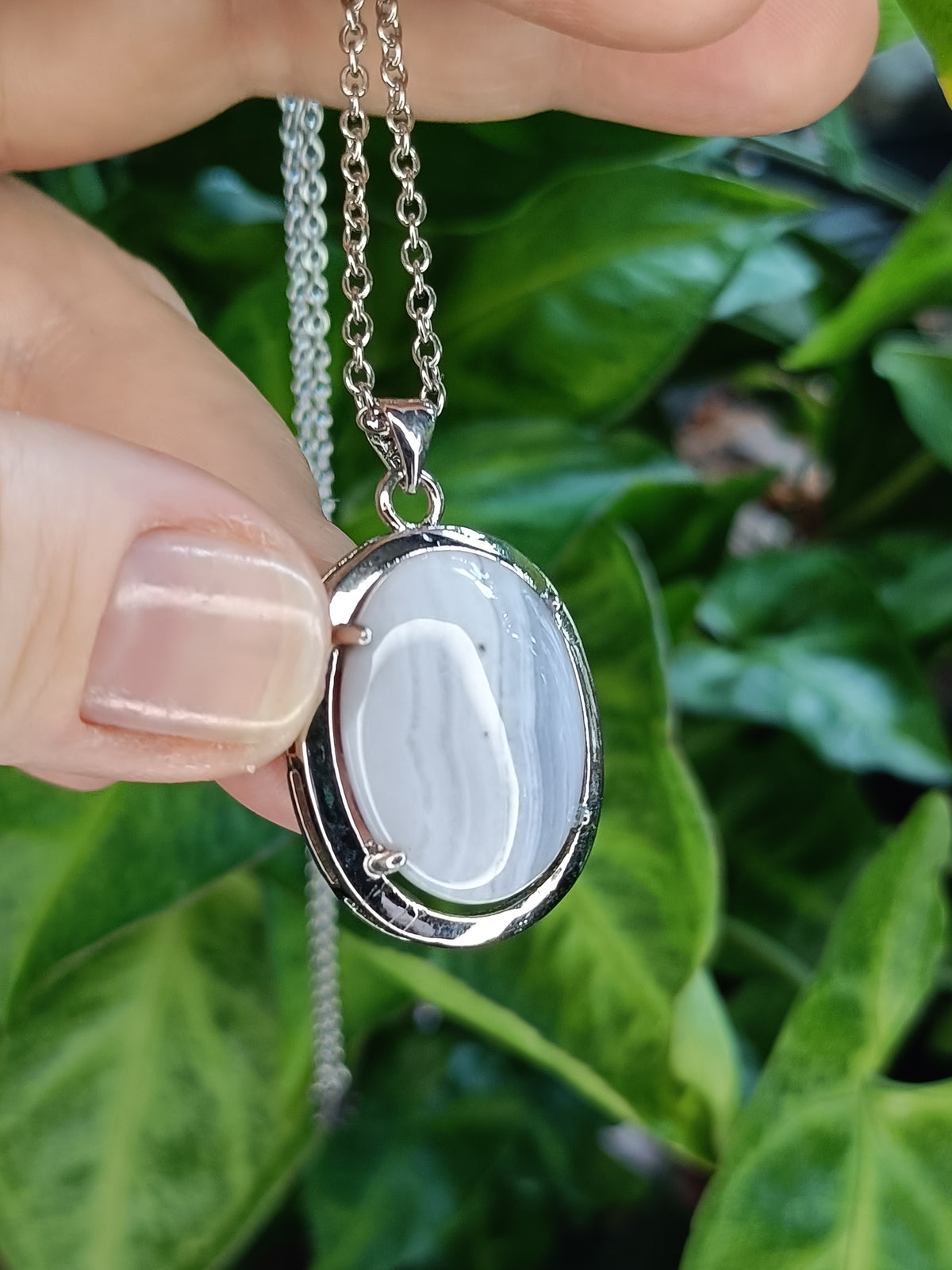 Blue Lace Agate Oval Cabochon Pendant Necklace - Silver-Plated Copper