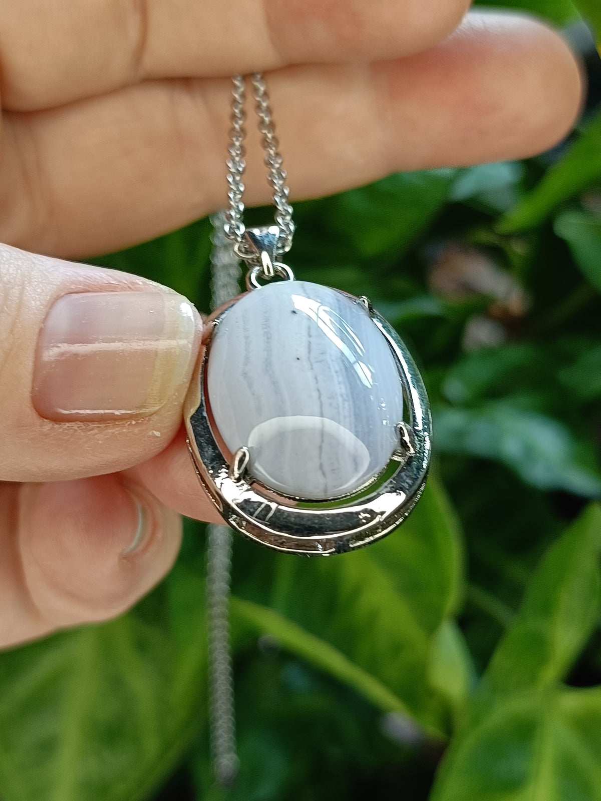 Blue Lace Agate Oval Cabochon Pendant Necklace - Silver-Plated Copper