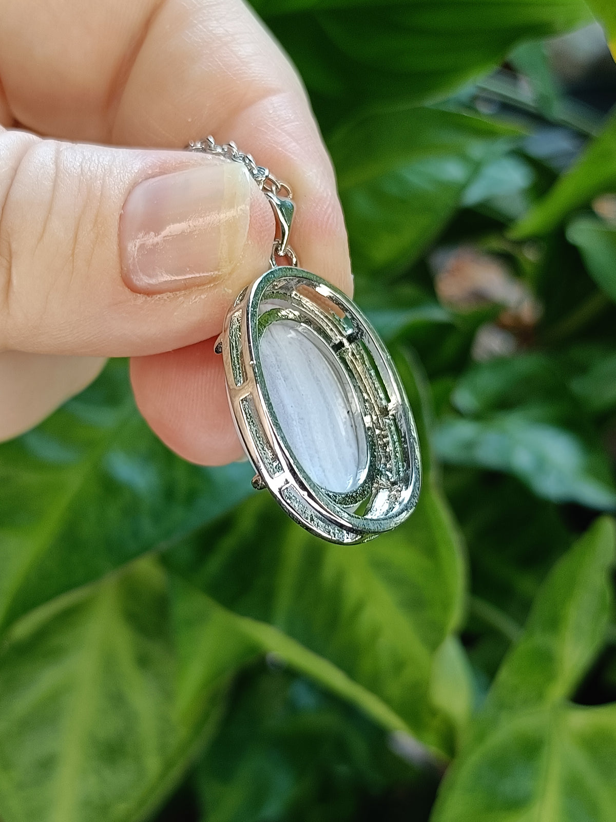 Blue Lace Agate Oval Cabochon Pendant Necklace - Silver-Plated Copper