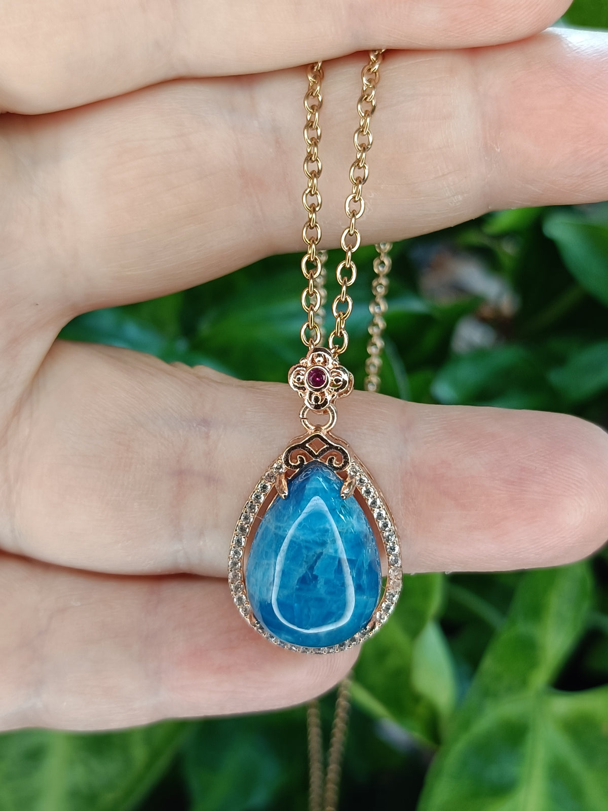 Blue Apatite and Moissanite Drop Pendant Necklace - Rose Gold Plated Copper