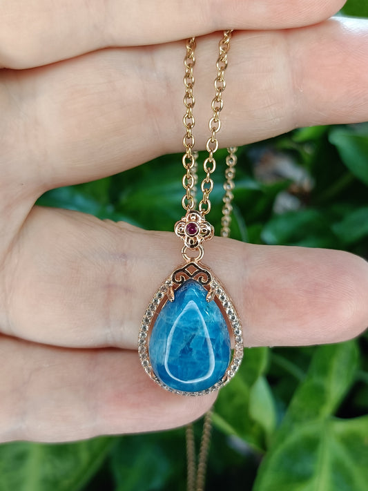 Blue Apatite and Moissanite Drop Pendant Necklace - Rose Gold Plated Copper