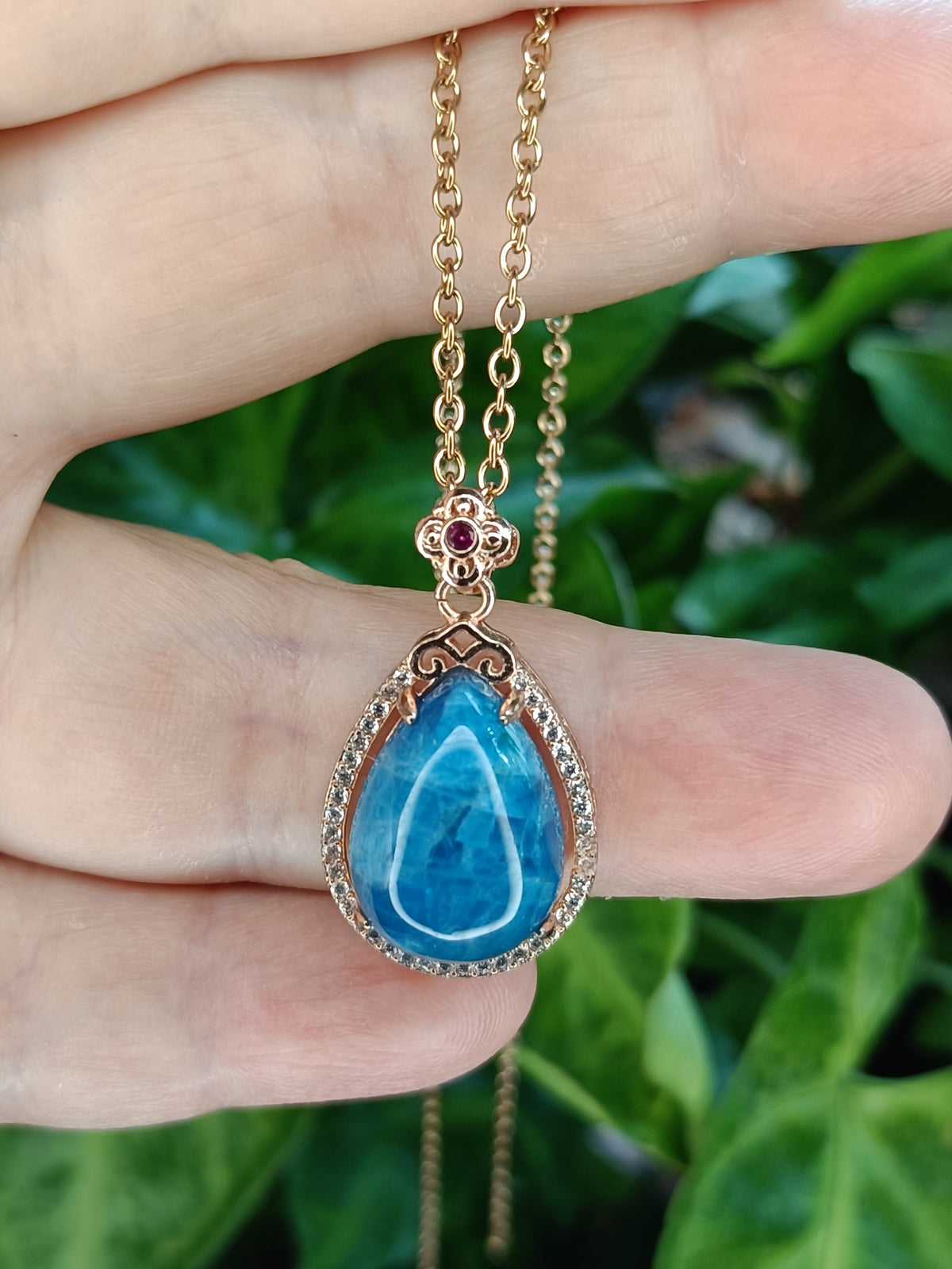 Blue Apatite and Moissanite Drop Pendant Necklace - Rose Gold Plated Copper