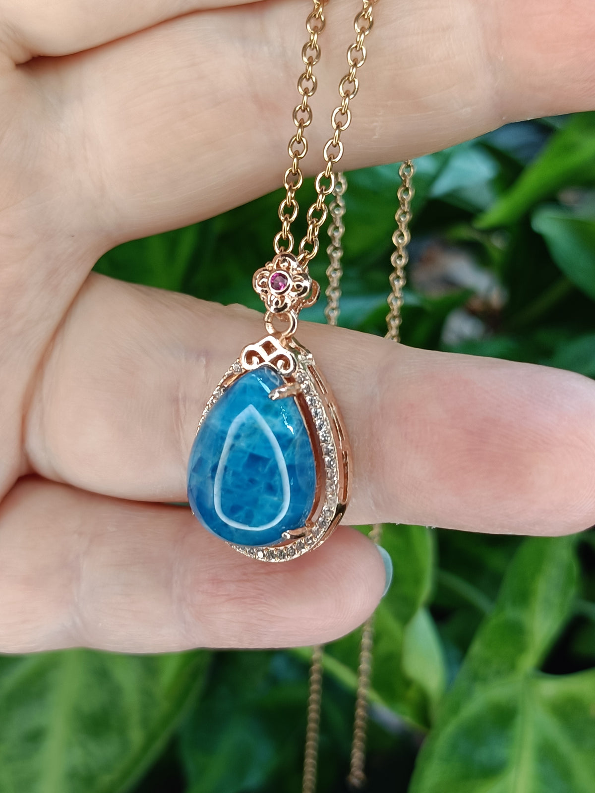 Blue Apatite and Moissanite Drop Pendant Necklace - Rose Gold Plated Copper