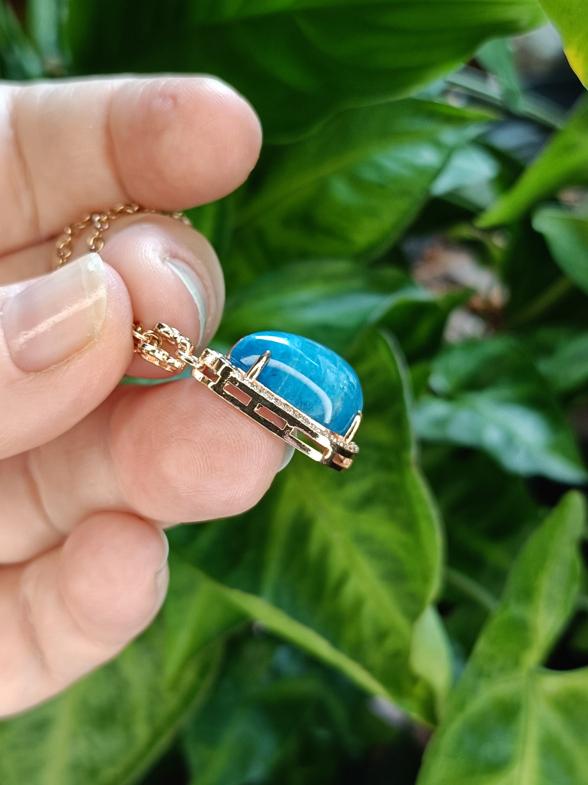 Blue Apatite and Moissanite Drop Pendant Necklace - Rose Gold Plated Copper