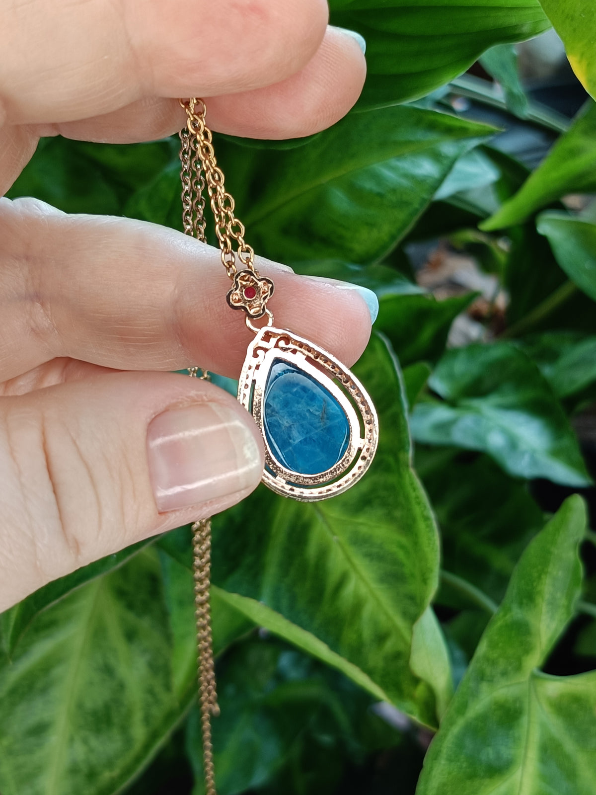 Blue Apatite and Moissanite Drop Pendant Necklace - Rose Gold Plated Copper