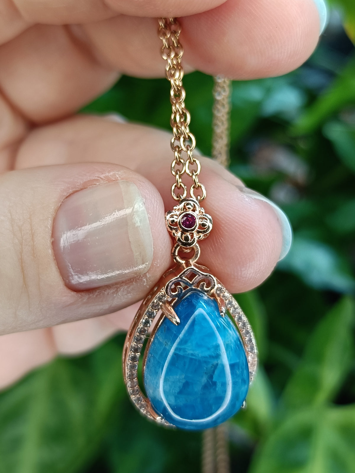 Blue Apatite and Moissanite Drop Pendant Necklace - Rose Gold Plated Copper