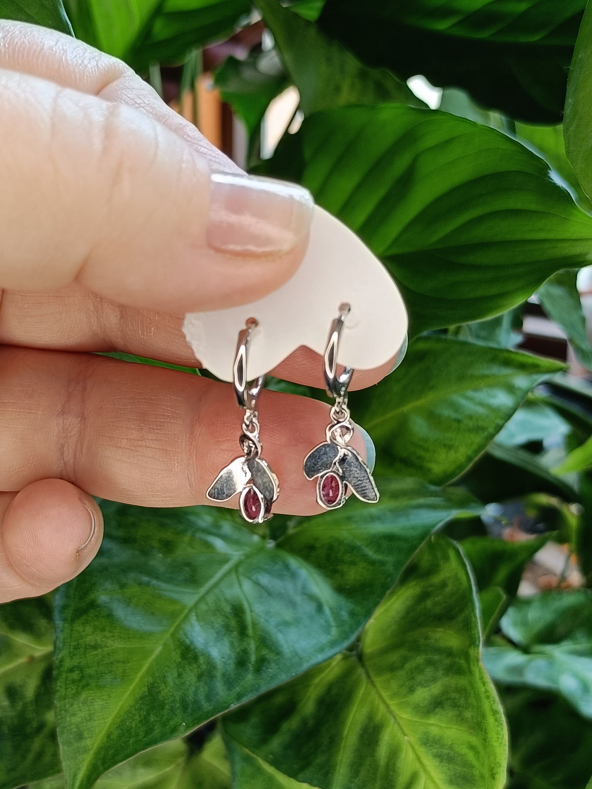 Garnet and Leaf Sleeper Earrings - Silver-Plated Copper