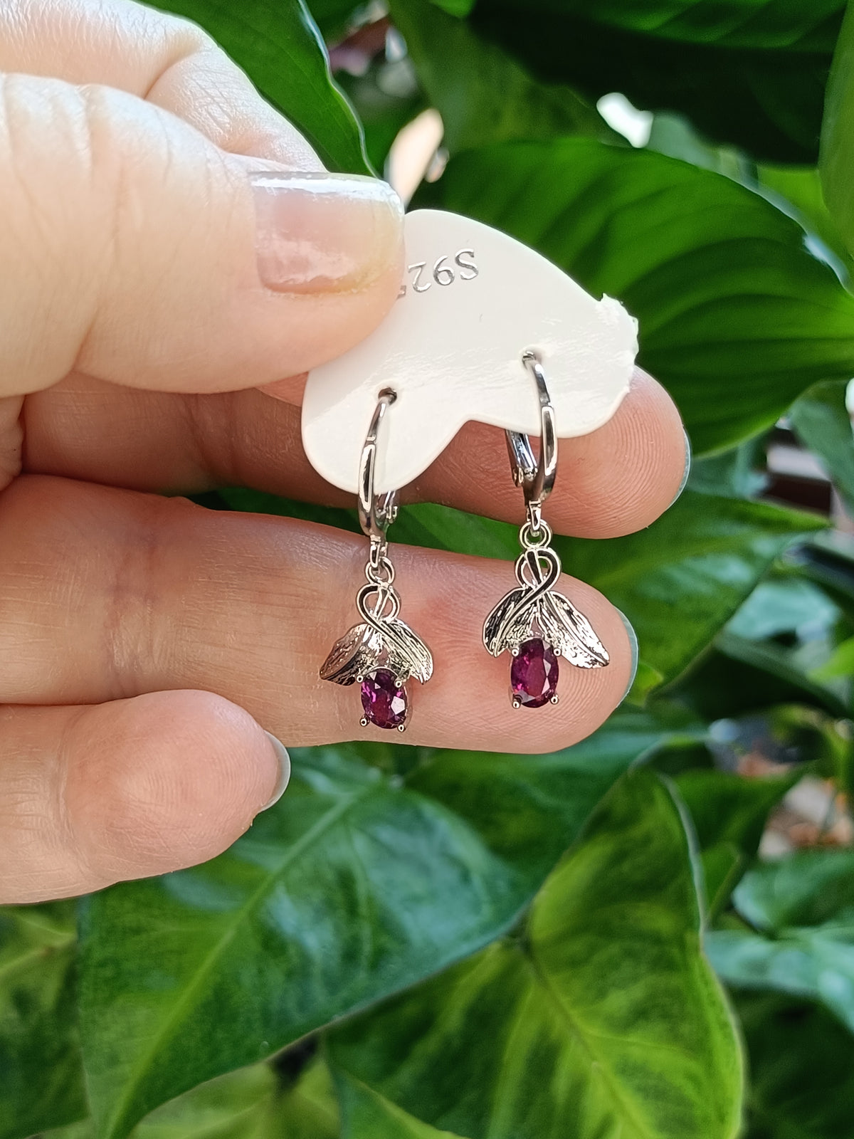 Garnet and Leaf Sleeper Earrings - Silver-Plated Copper