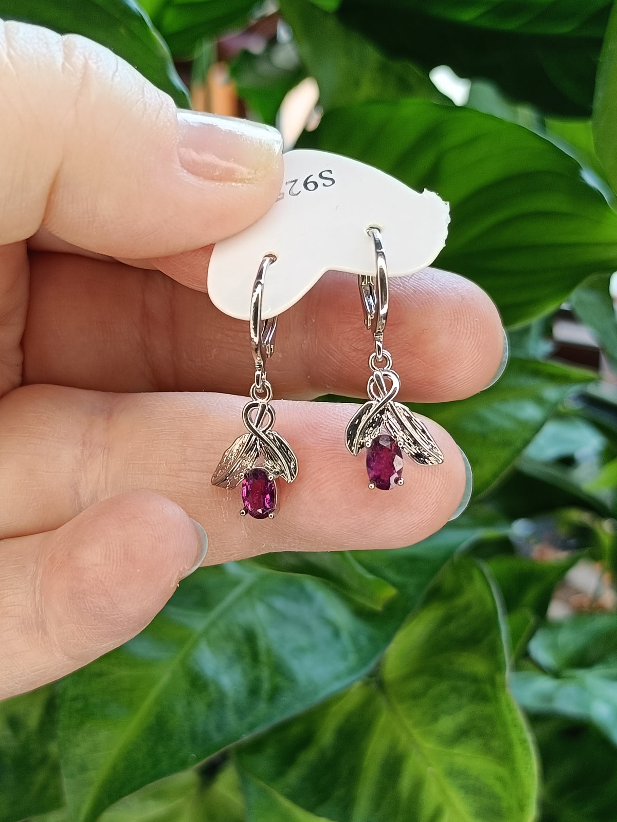 Garnet and Leaf Sleeper Earrings - Silver-Plated Copper
