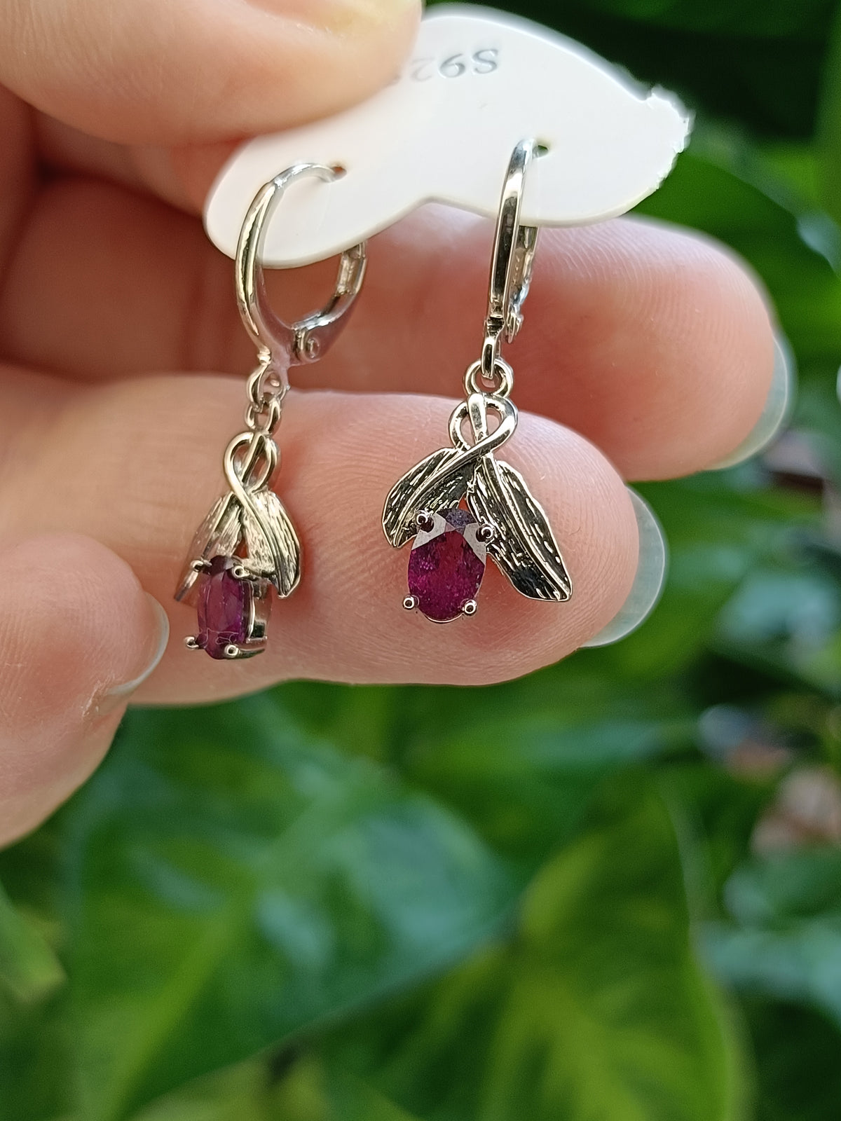 Garnet and Leaf Sleeper Earrings - Silver-Plated Copper