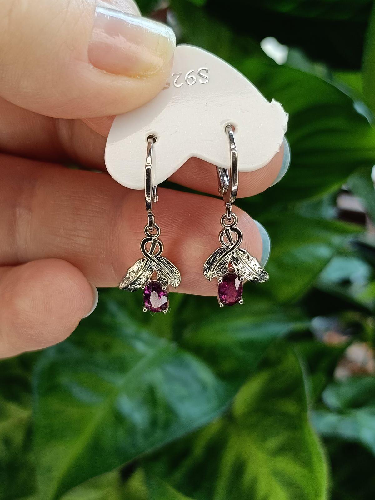 Garnet and Leaf Sleeper Earrings - Silver-Plated Copper