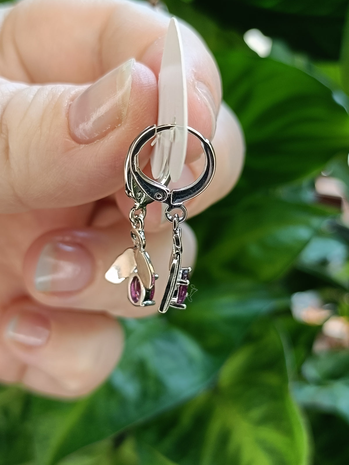 Garnet and Leaf Sleeper Earrings - Silver-Plated Copper
