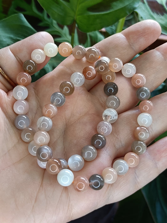 Peach Moonstone & Sunstone Round Beaded Stretch Bracelet - 8mm