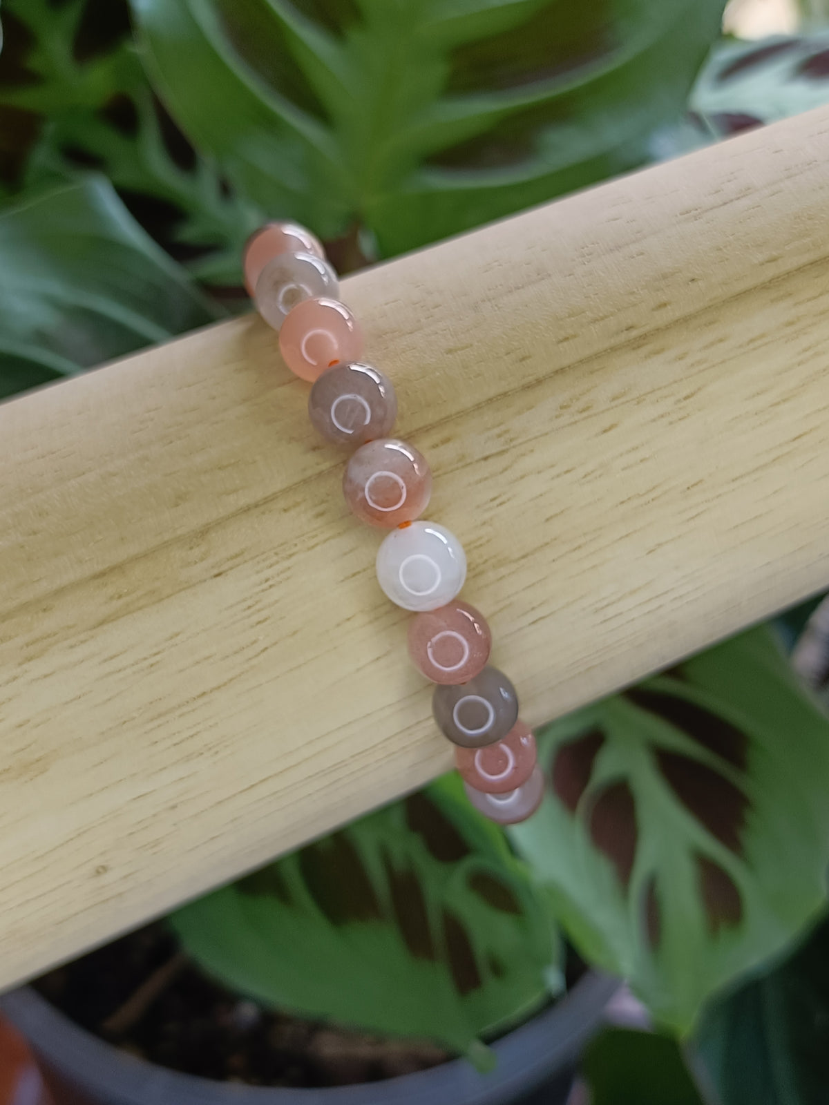 Peach Moonstone & Sunstone Round Beaded Stretch Bracelet - 8mm