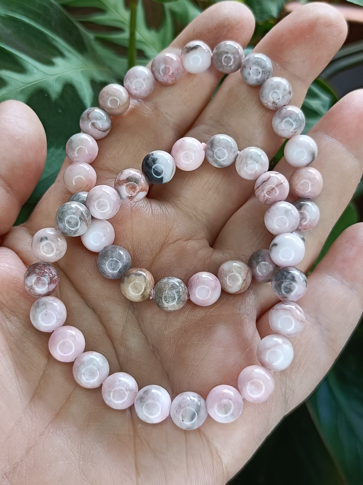 Pink Zebra Stone Round Beaded Stretch Bracelet - 8mm