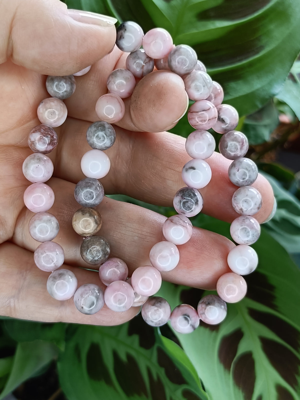 Pink Zebra Stone Round Beaded Stretch Bracelet - 8mm