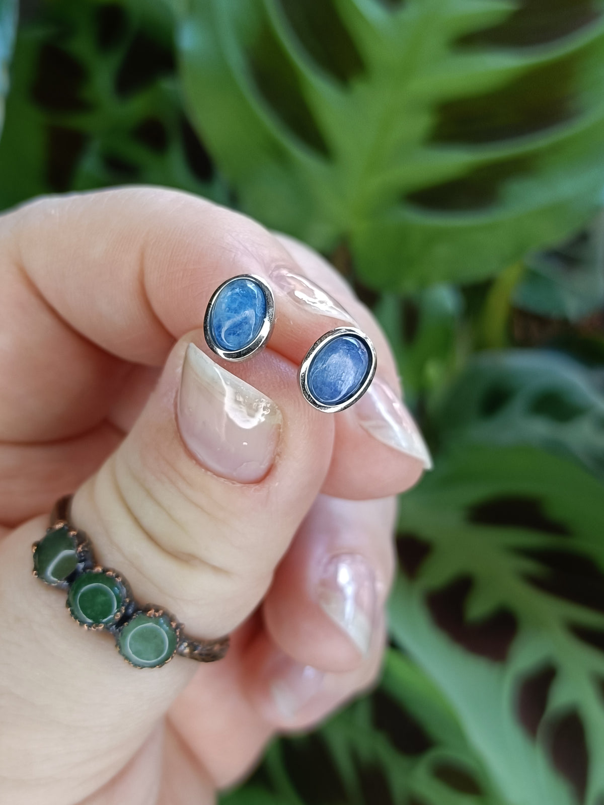 Kyanite Oval Stud Earrings - Silver-Plated Copper
