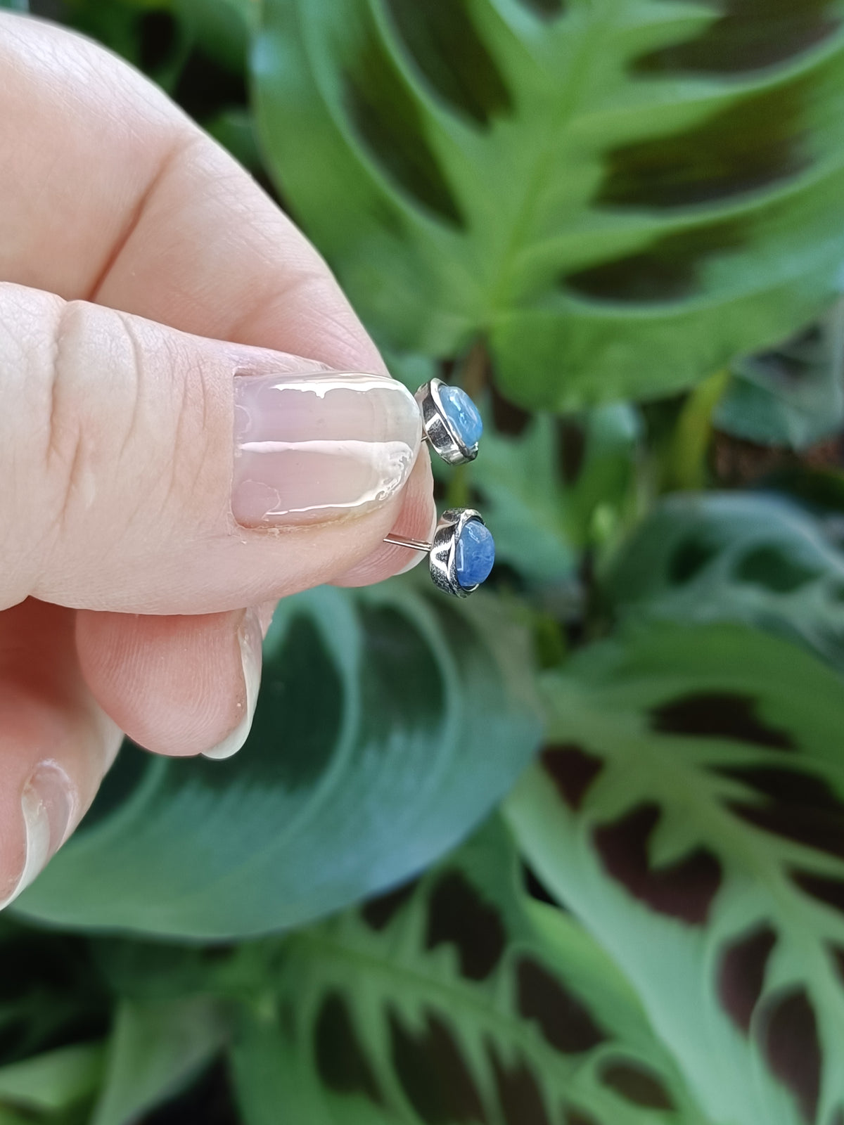 Kyanite Oval Stud Earrings - Silver-Plated Copper