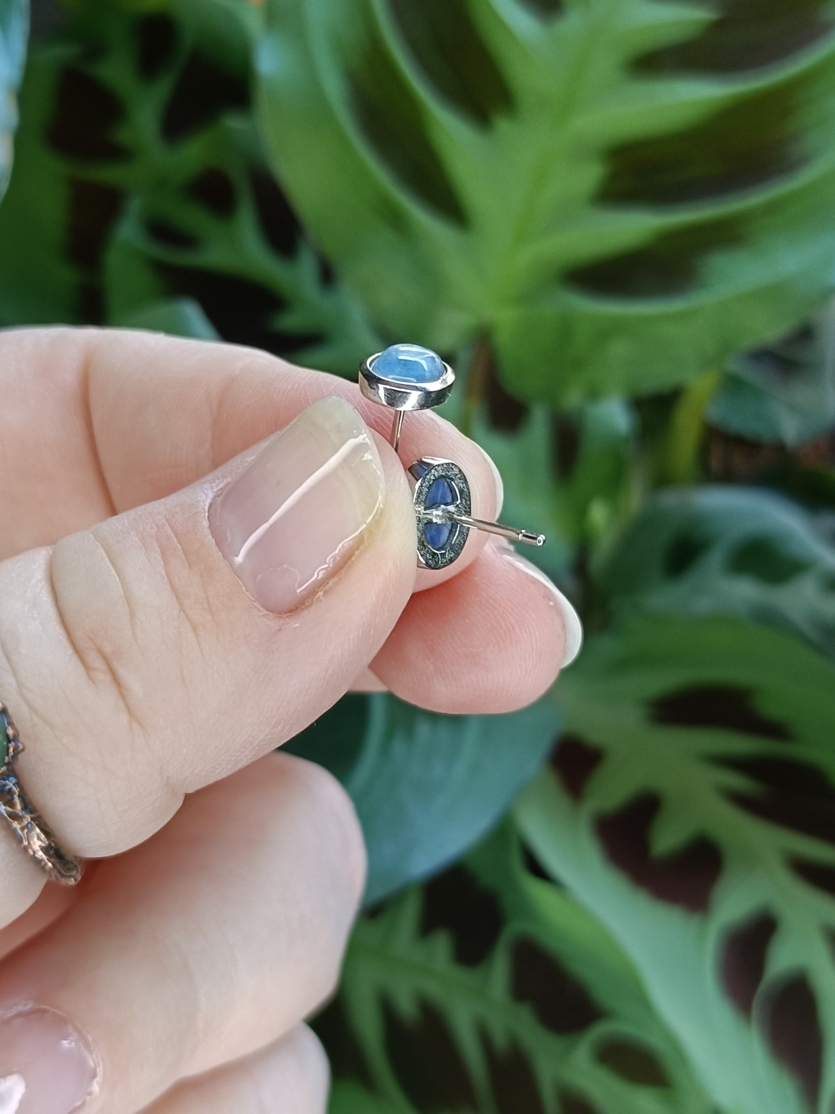 Kyanite Oval Stud Earrings - Silver-Plated Copper