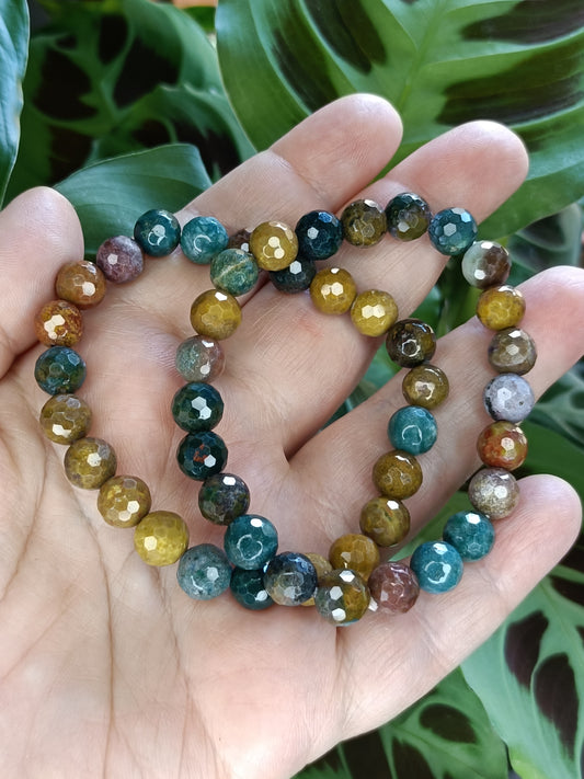 Faceted Ocean Jasper Round Beaded Stretch Bracelet - 8mm