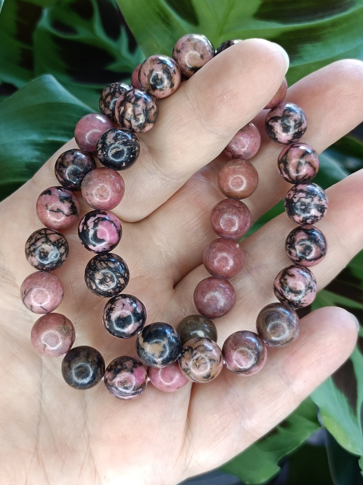 Rhodonite Round Beaded Stretch Bracelet - 10mm
