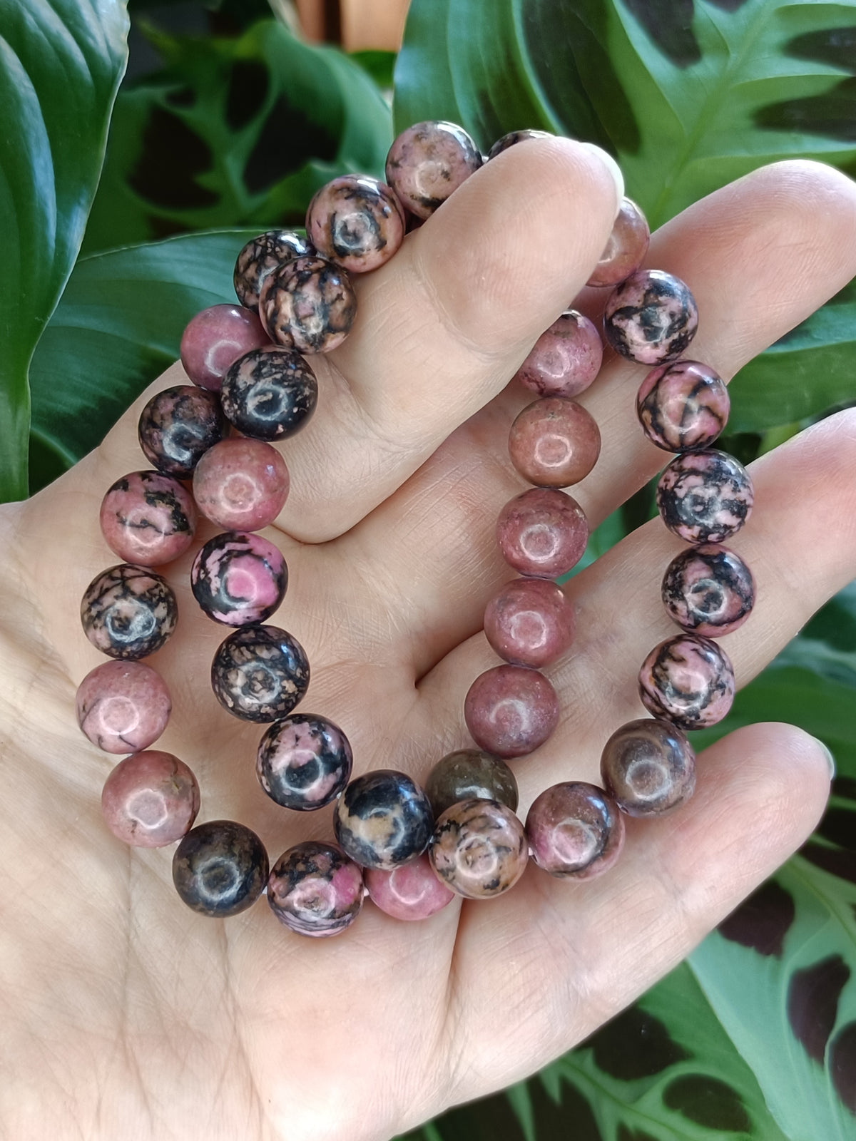 Rhodonite Round Beaded Stretch Bracelet - 10mm