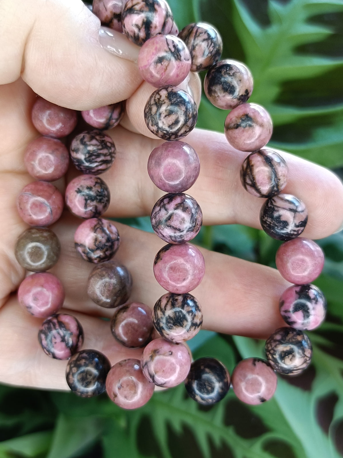 Rhodonite Round Beaded Stretch Bracelet - 10mm