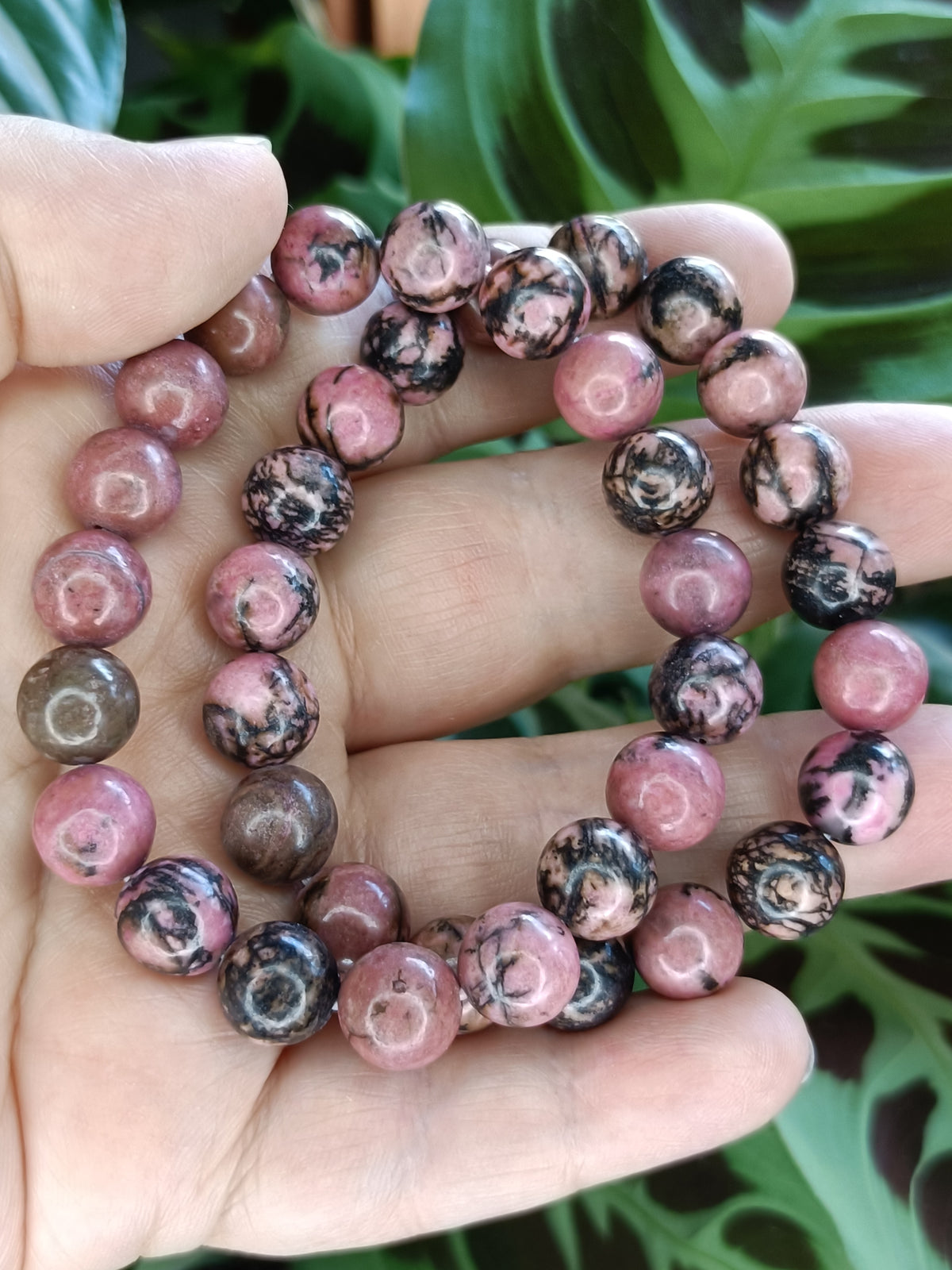 Rhodonite Round Beaded Stretch Bracelet - 10mm