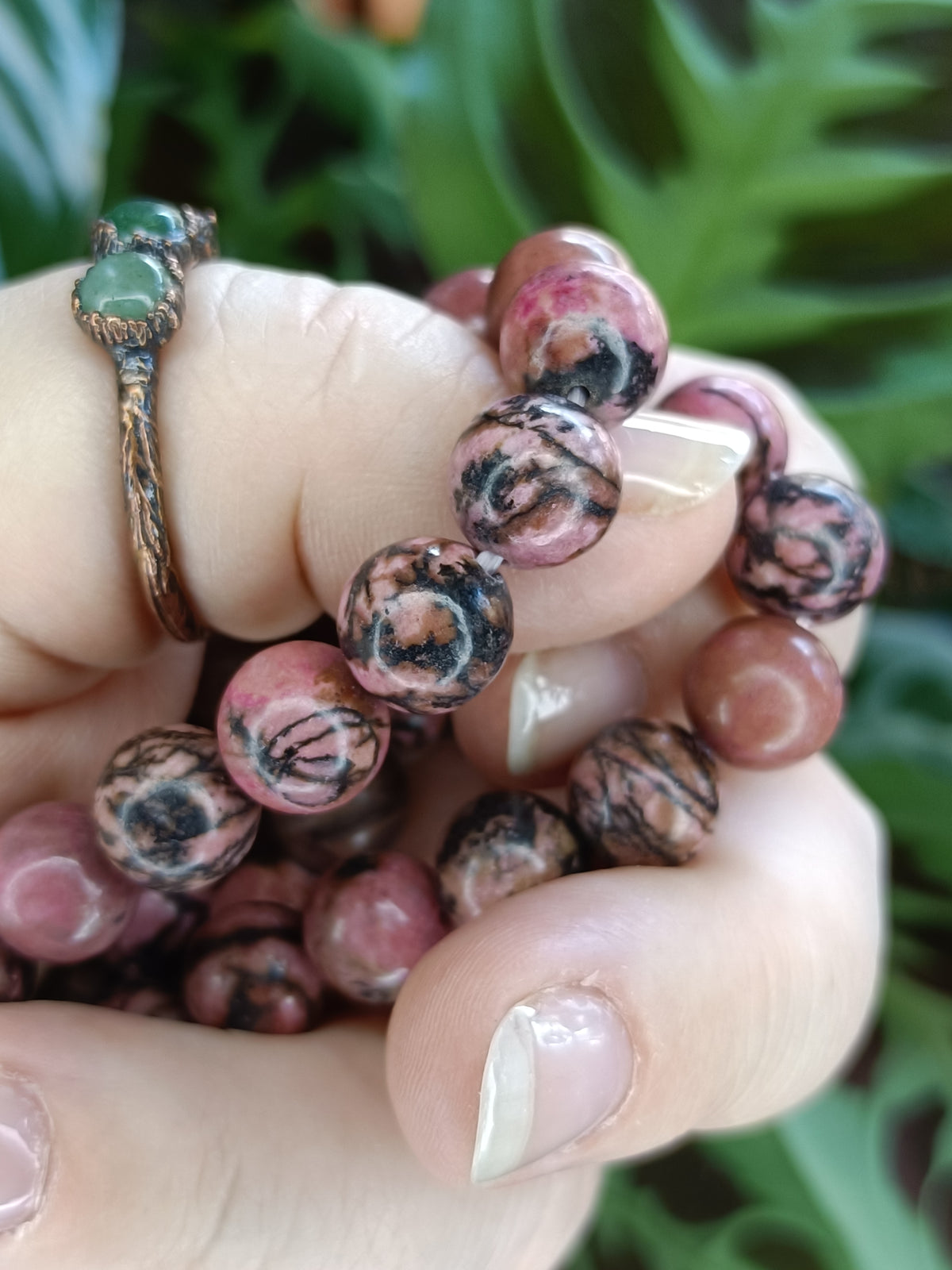 Rhodonite Round Beaded Stretch Bracelet - 10mm
