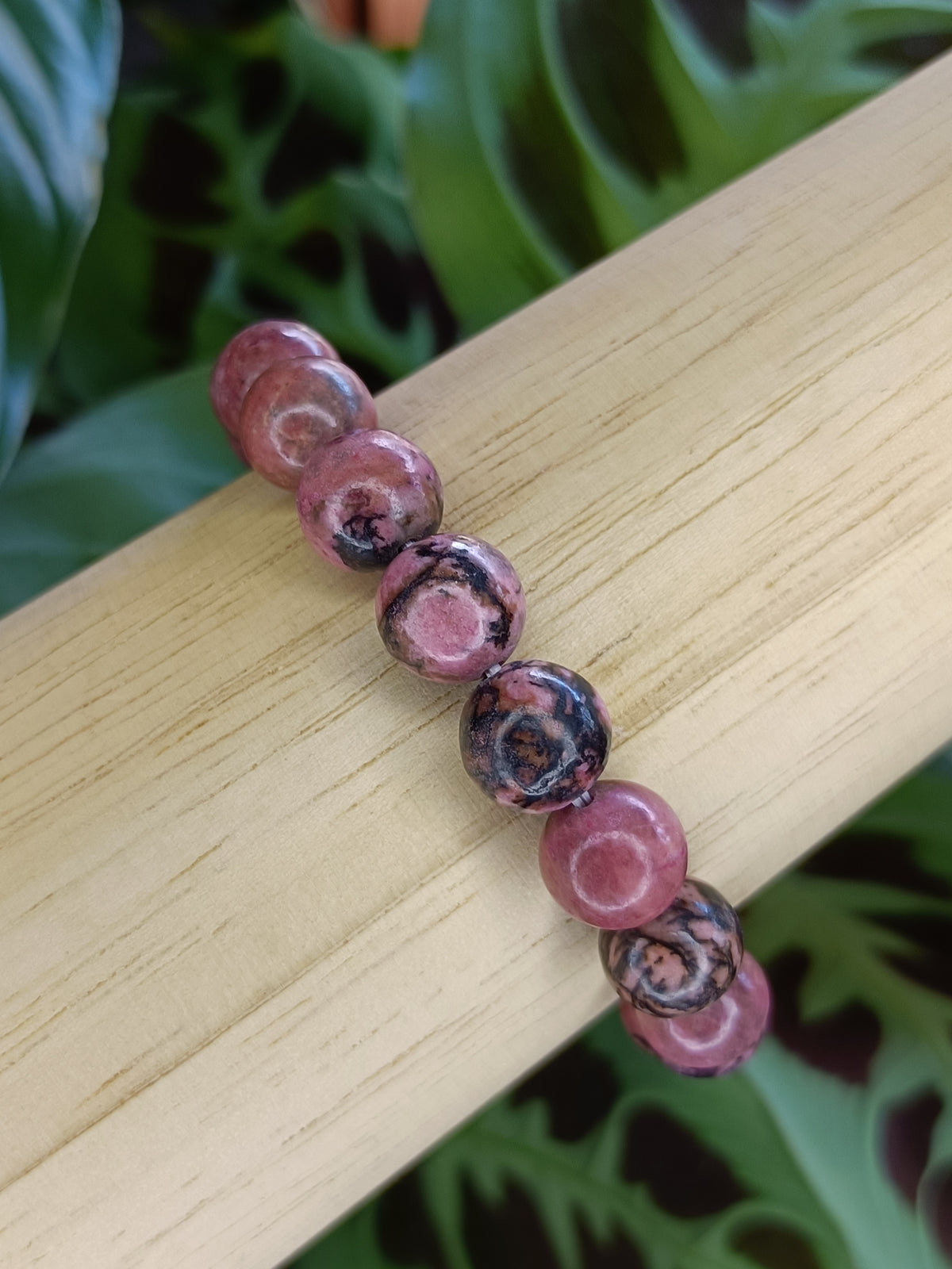 Rhodonite Round Beaded Stretch Bracelet - 10mm