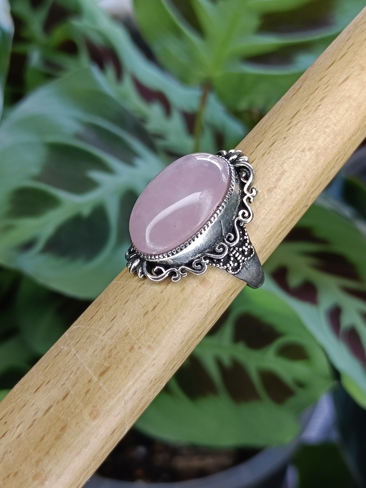 Large Rose Quartz Ring - Silver-Plated Copper