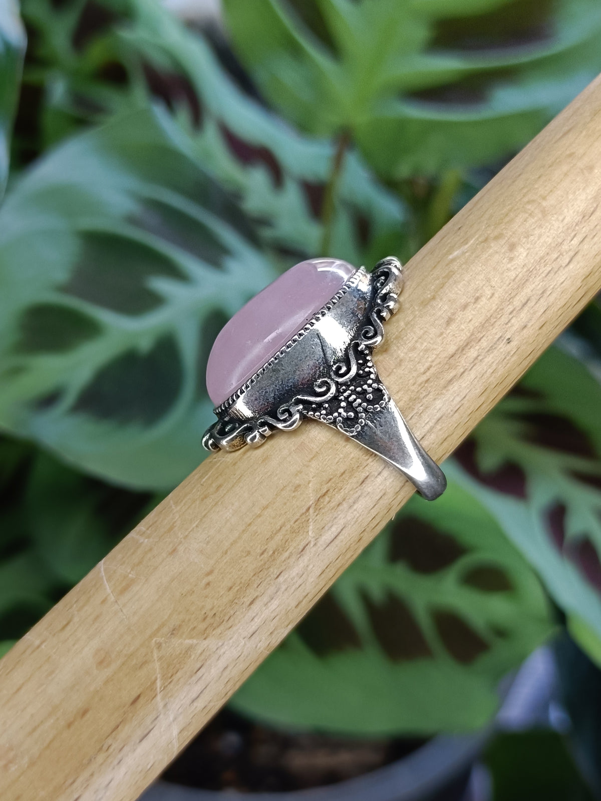 Large Rose Quartz Ring - Silver-Plated Copper