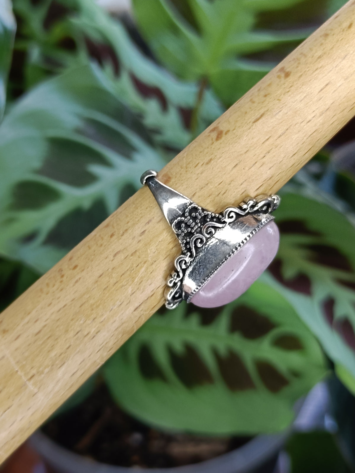 Large Rose Quartz Ring - Silver-Plated Copper