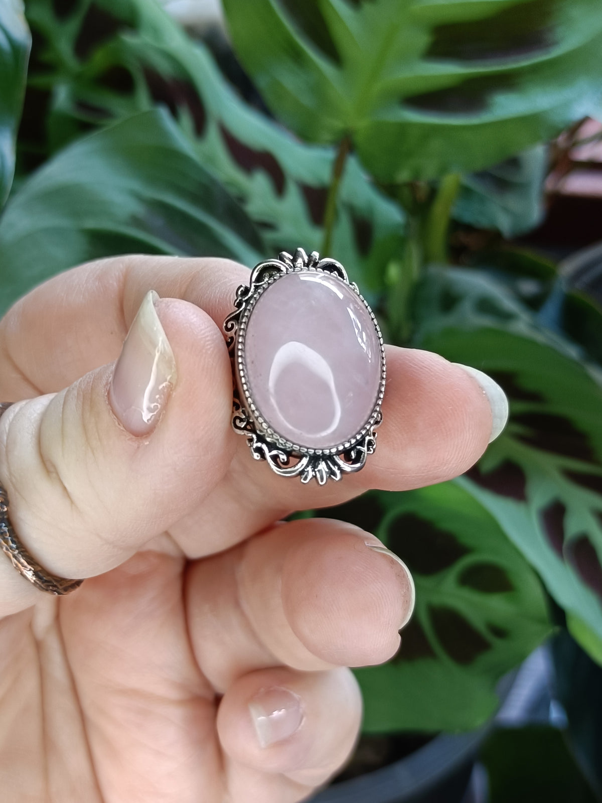 Large Rose Quartz Ring - Silver-Plated Copper