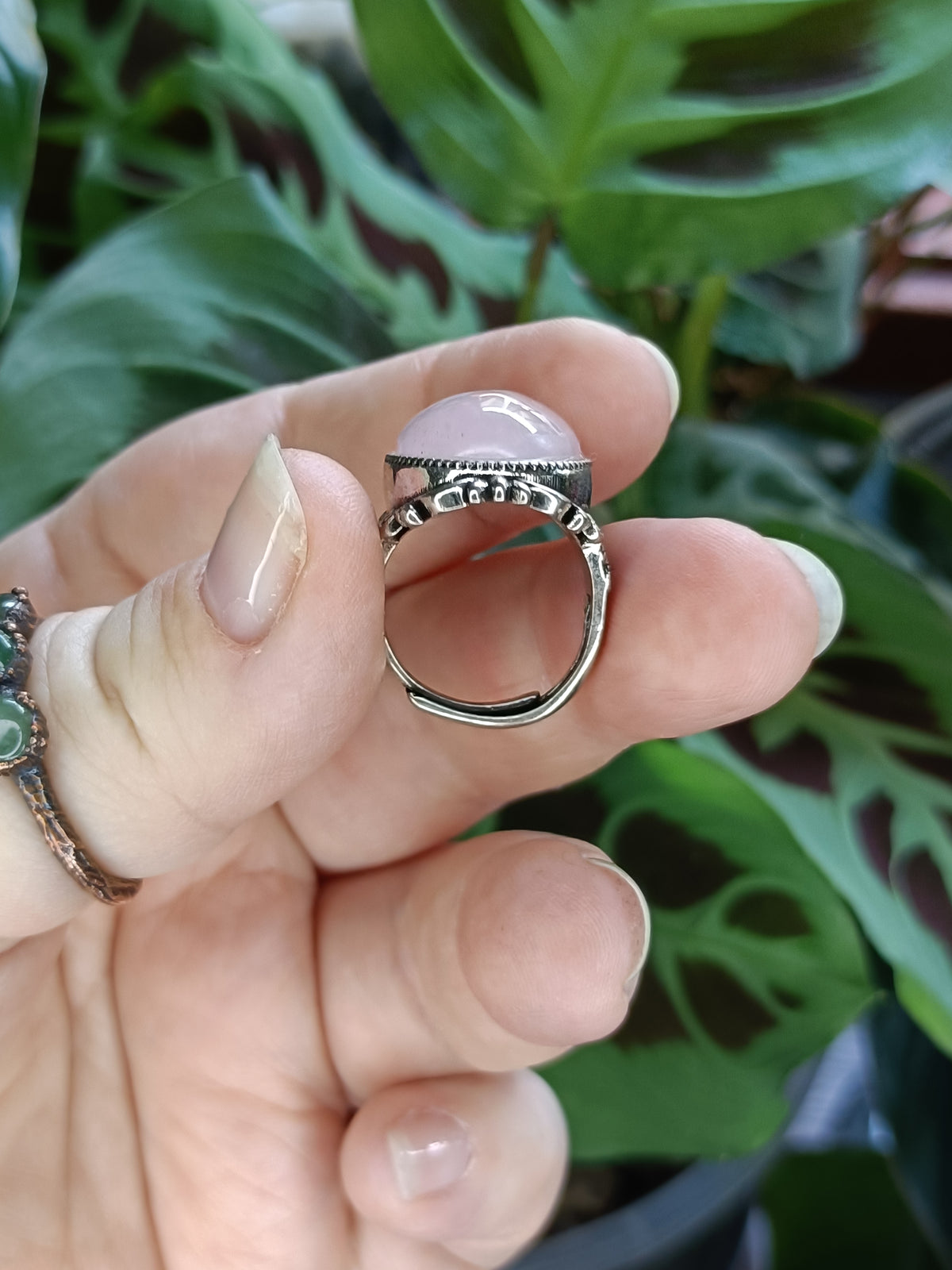 Large Rose Quartz Ring - Silver-Plated Copper