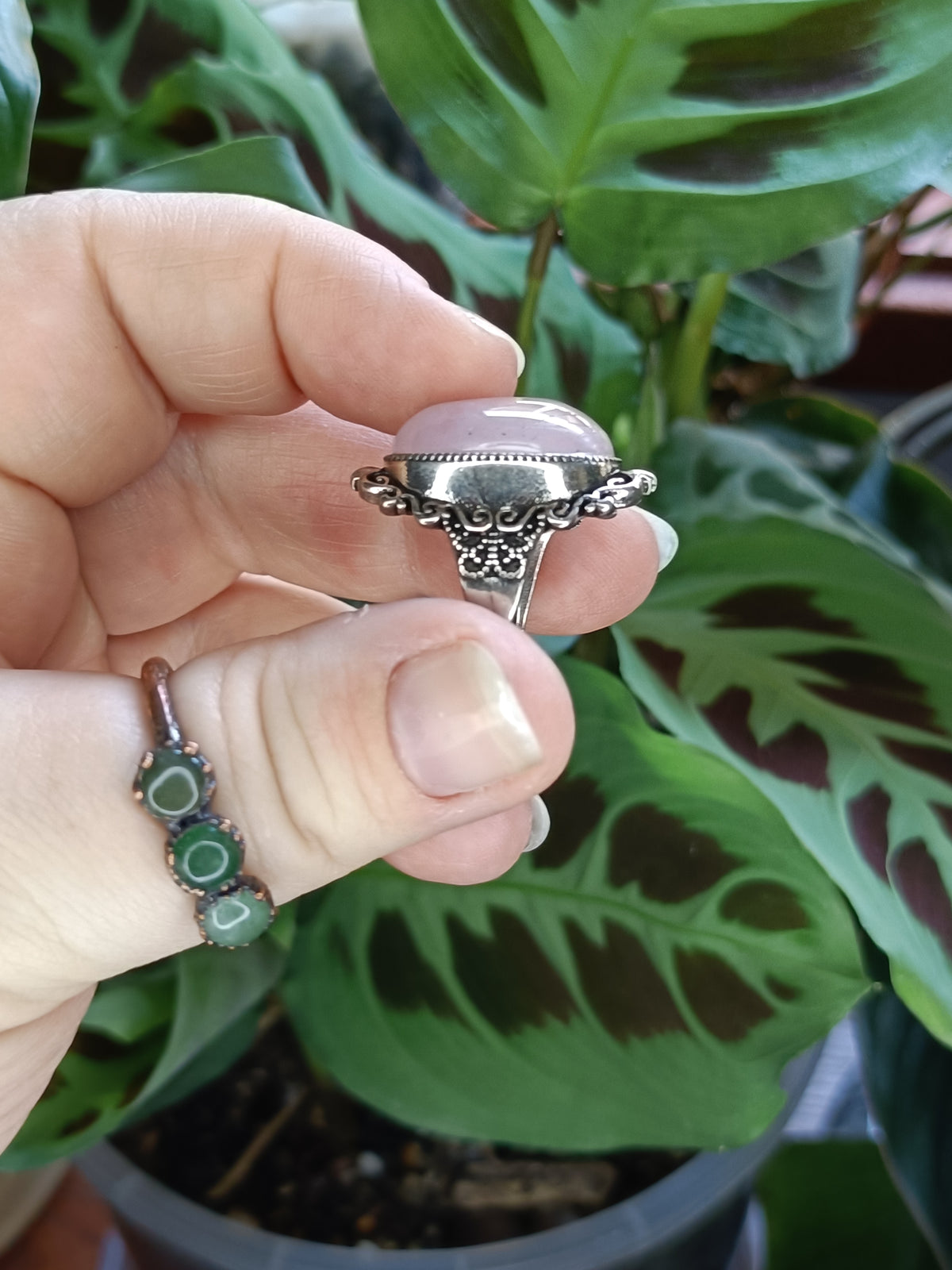 Large Rose Quartz Ring - Silver-Plated Copper