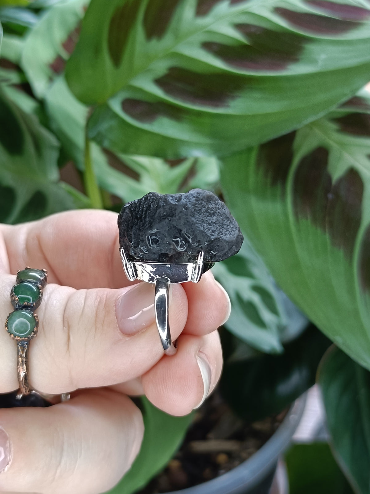 Chunky Tektite Ring - Silver-Plated Copper