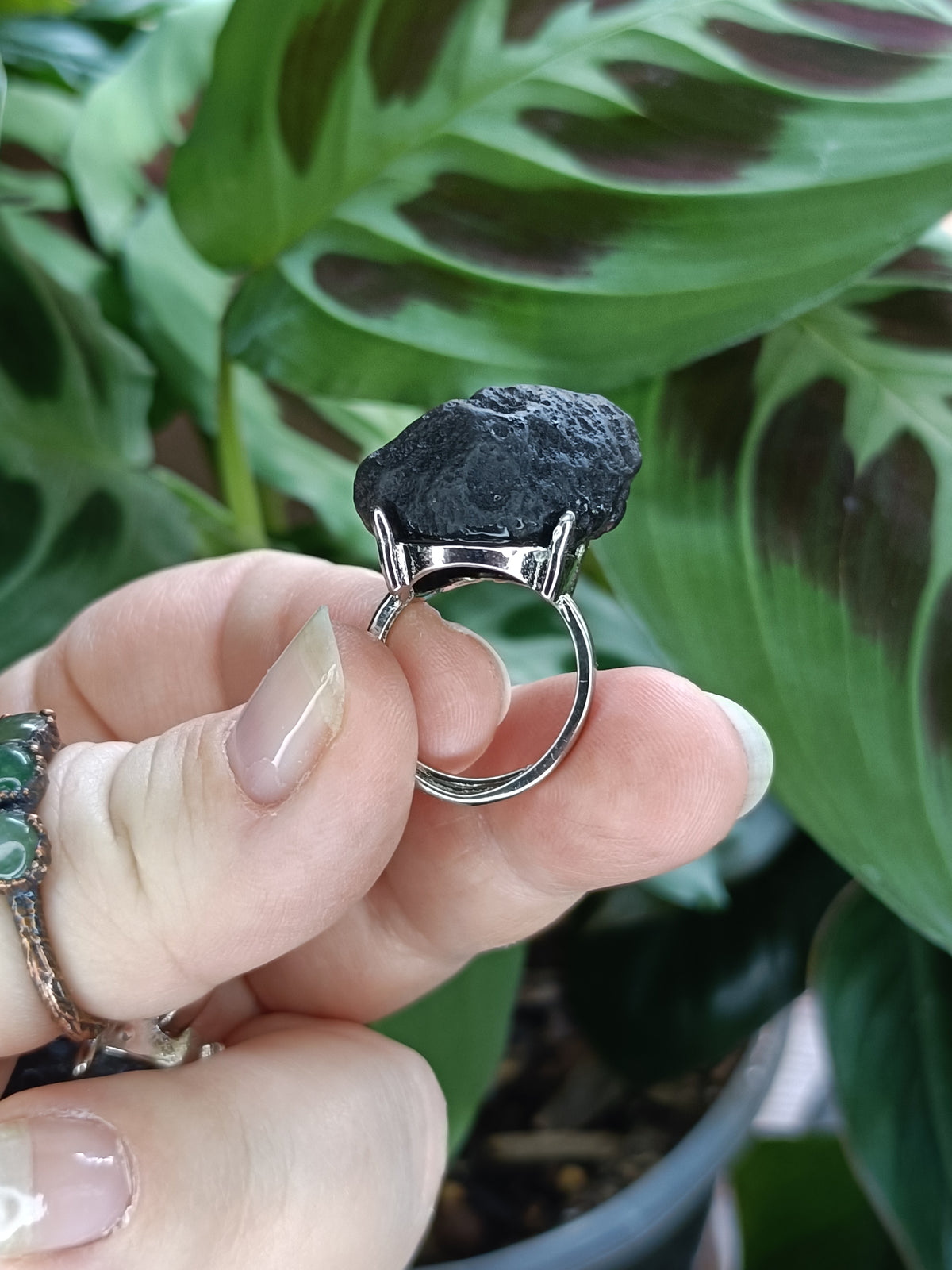 Chunky Tektite Ring - Silver-Plated Copper