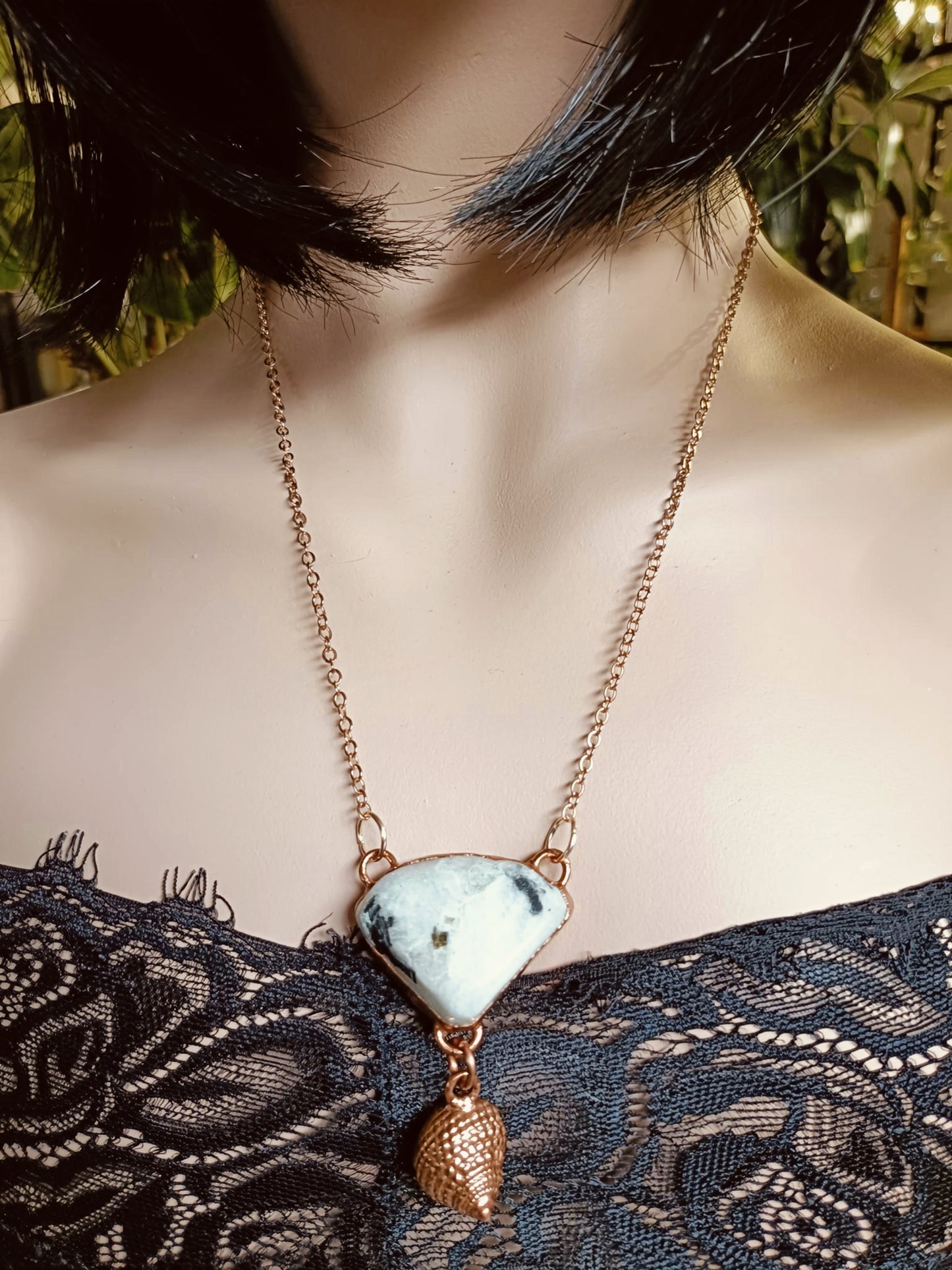 Handmade Rainbow Moonstone and Shell Pendant Necklace