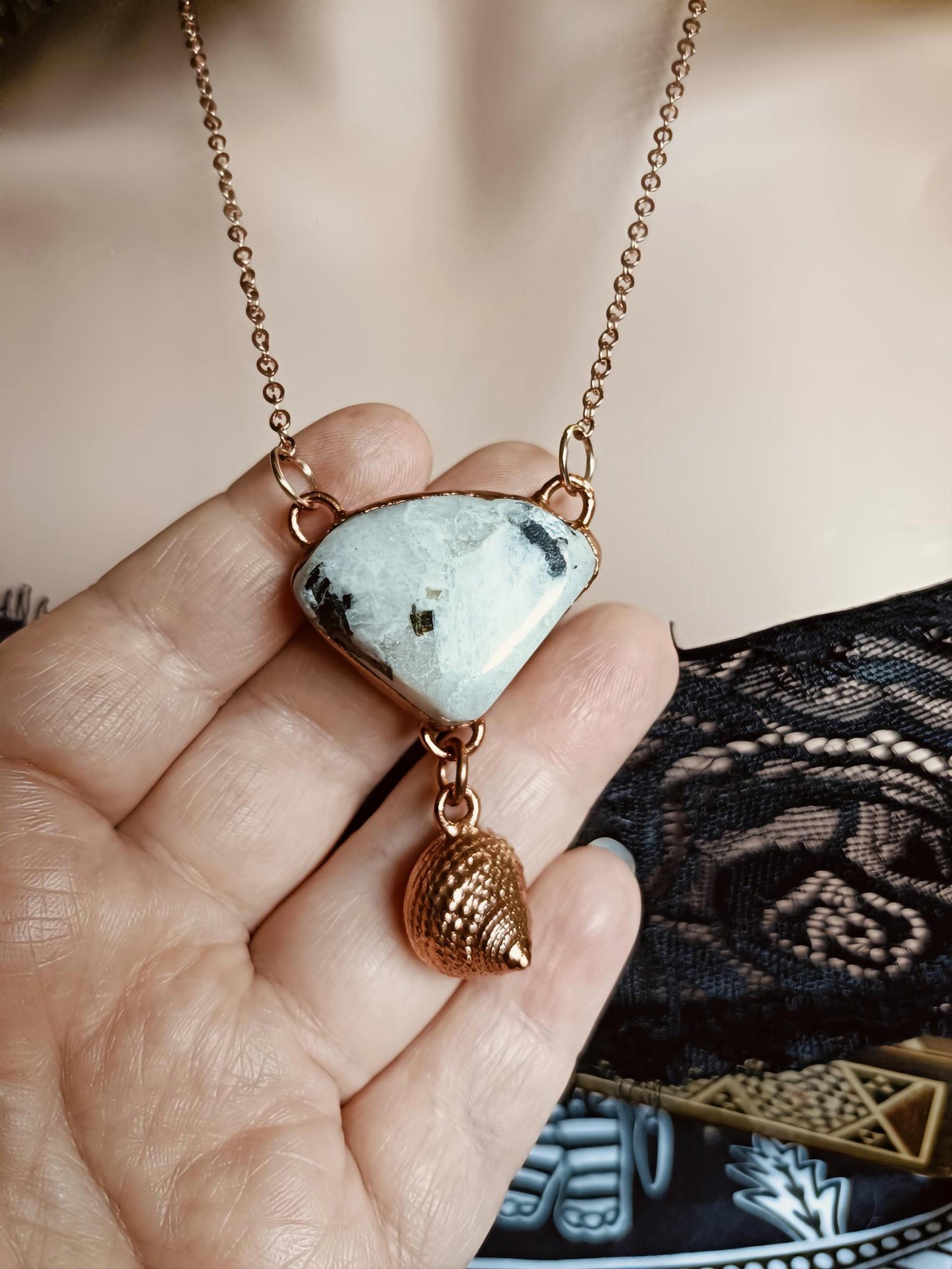 Handmade Rainbow Moonstone and Shell Pendant Necklace