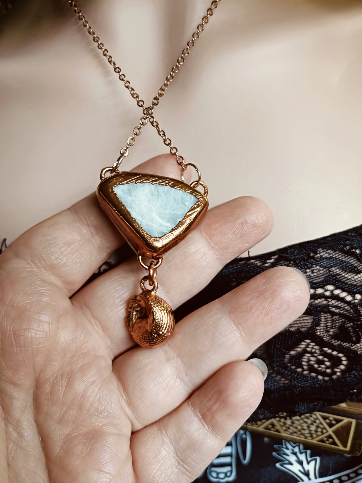 Handmade Rainbow Moonstone and Shell Pendant Necklace