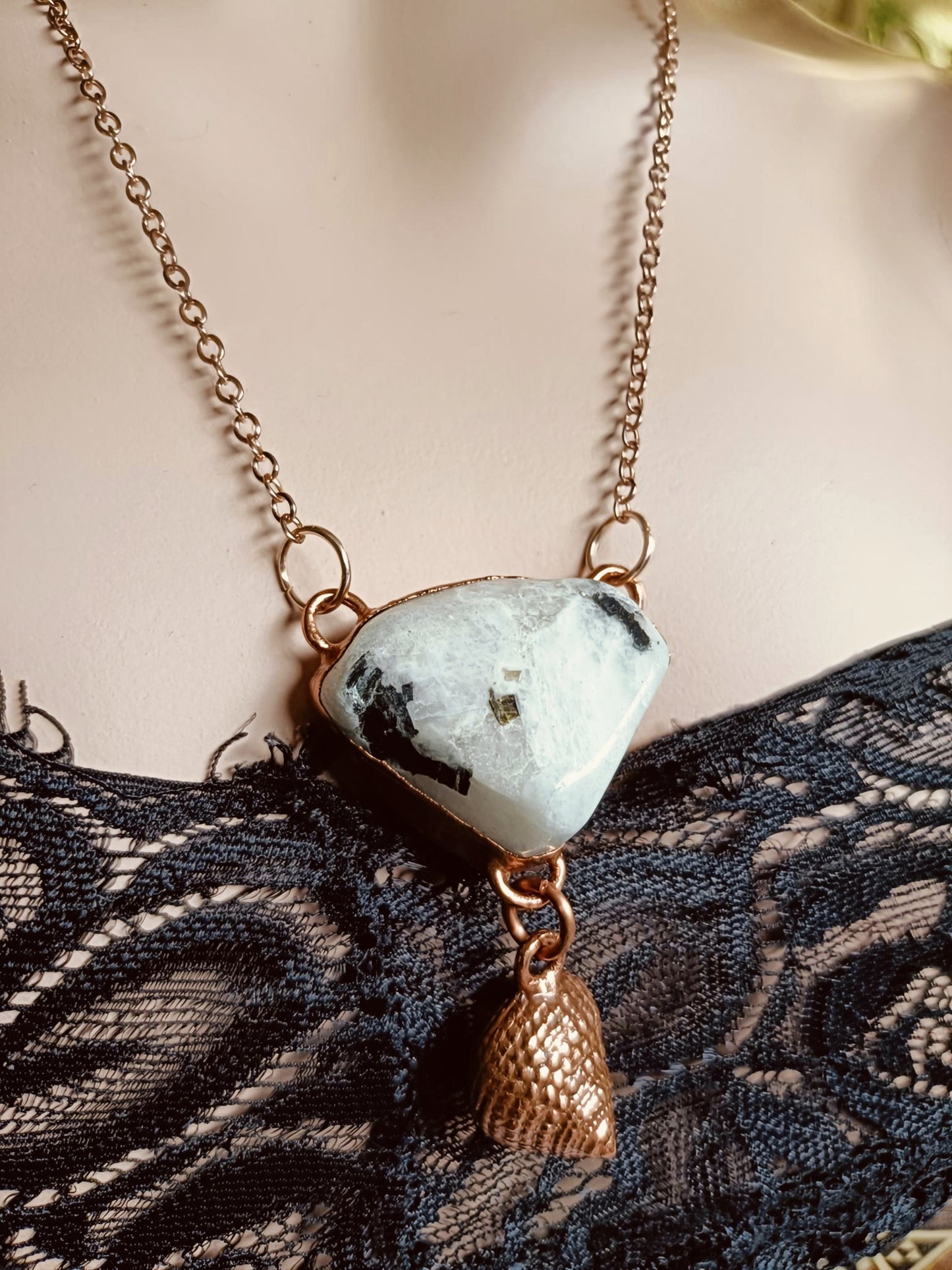 Handmade Rainbow Moonstone and Shell Pendant Necklace
